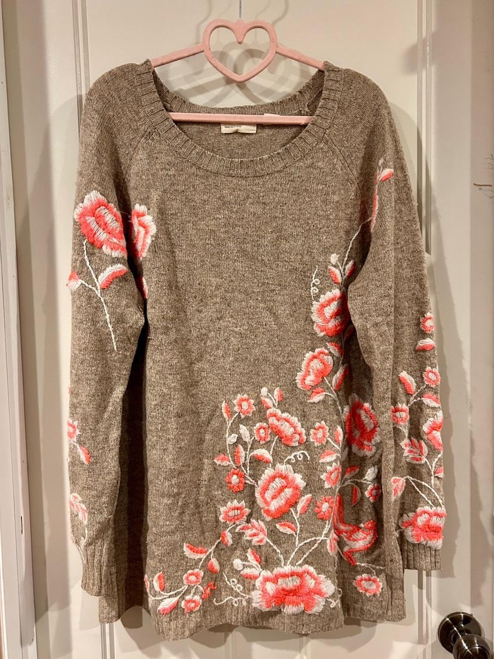 Anthropologie Wool Blend Tunic Sweater with Floral Embroidery